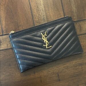 Saint Laurent Black Quilted Leather Zip Card Pouch with Gold YSL Emblem